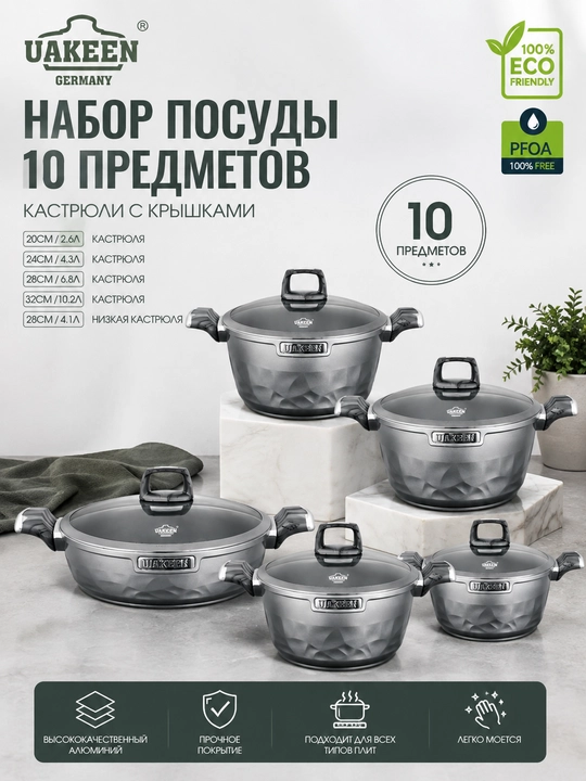 Набор посуды с крышками, антипригарное покрытие, для всех типов плит