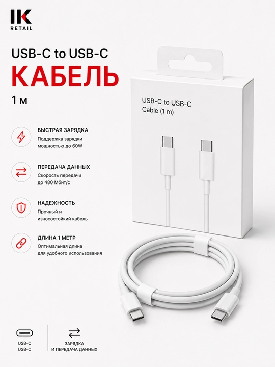 Кабель USB-C – USB-C 60W 1 м для iPhone, iPad, MacBook - 