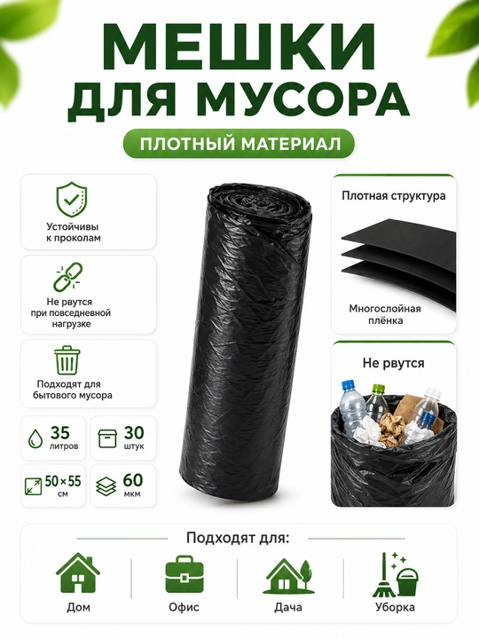 Axlat uchun paketlar rulonda, 35 litr, 30 dona, 50×55 sm, 60 mkm, qora
