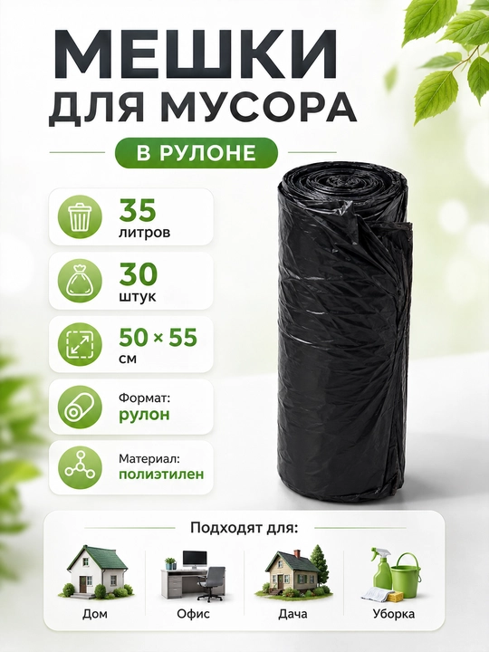 Axlat uchun paketlar rulonda, 35 litr, 30 dona, 50×55 sm, 60 mkm, qora
