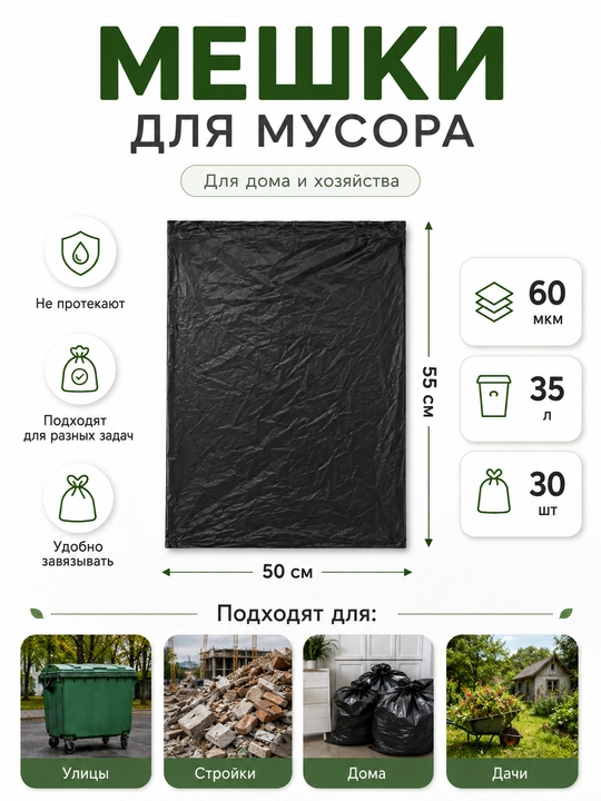 Axlat uchun paketlar rulonda, 35 litr, 30 dona, 50×55 sm, 60 mkm, qora