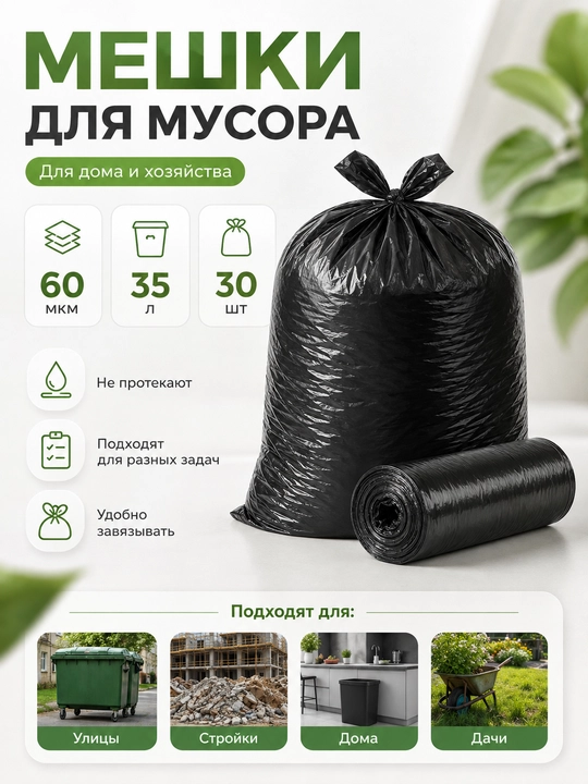 Axlat uchun paketlar rulonda, 35 litr, 30 dona, 50×55 sm, 60 mkm, qora - 