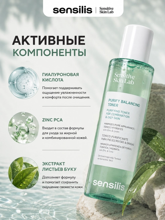 Тоник для лица Sensilis Purify Balancing Toner для жирной и комбинированной кожи, 200 мл