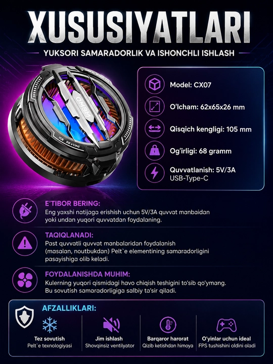 Telefon va planshet uchun yarimo‘tkazgichli sovutgich