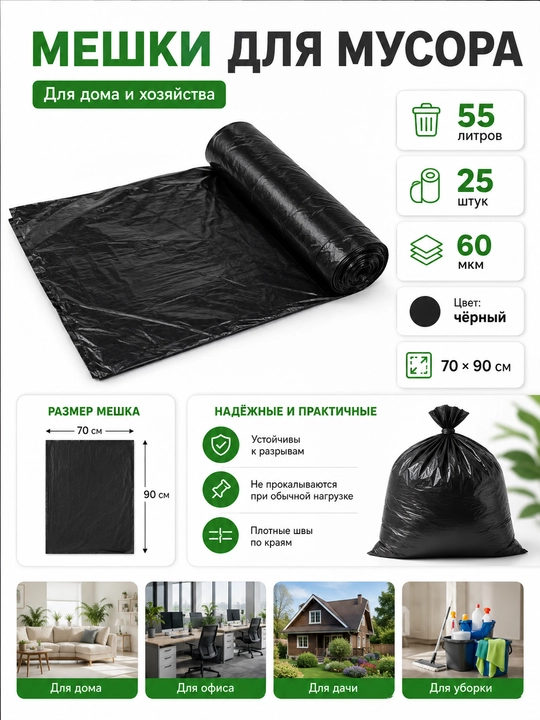 Axlat uchun paketlar, 55 litr, 25 dona, 70×90 sm, 60 mkm, qora