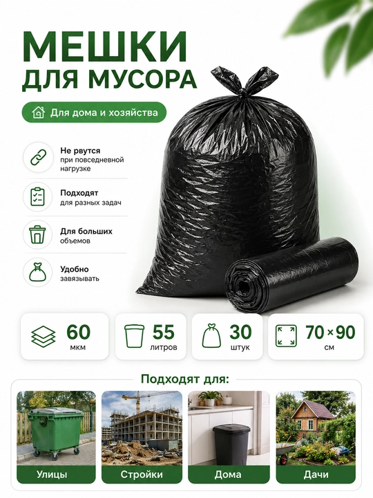 Axlat uchun paketlar, 55 litr, 25 dona, 70×90 sm, 60 mkm, qora - 