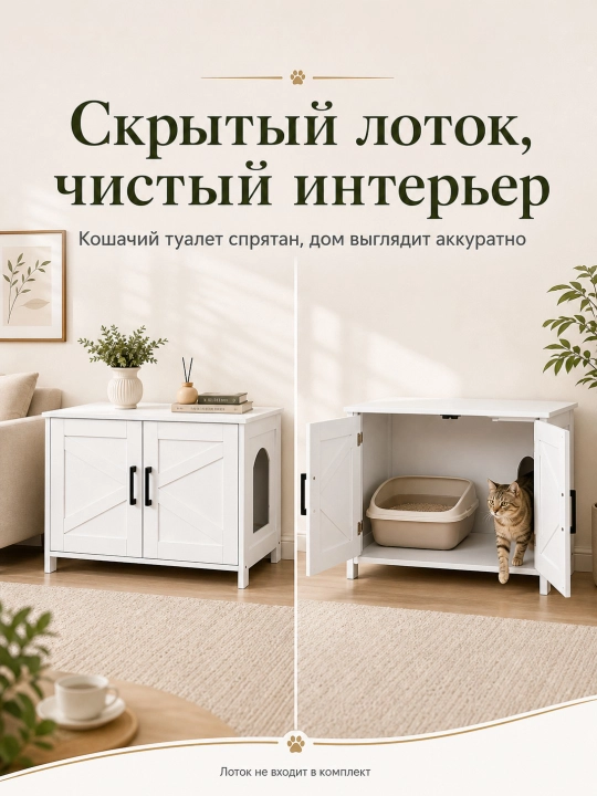 Белый деревянный шкаф для кошачьего лотка с амбарной дверью скрытый туалет для кошек