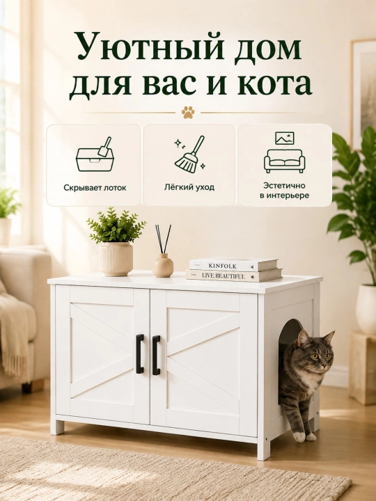Белый деревянный шкаф для кошачьего лотка с амбарной дверью скрытый туалет для кошек