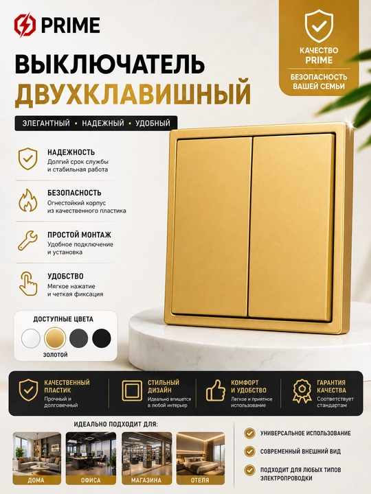 Выключатель реверсный 2-клавишный Venus PRIME, 10А, золотой, двойной выключатель - 