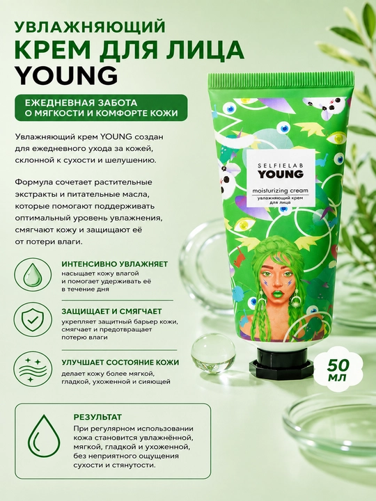 Yuz uchun krem Young SelfieLab, namlantiruvchi, 50 g