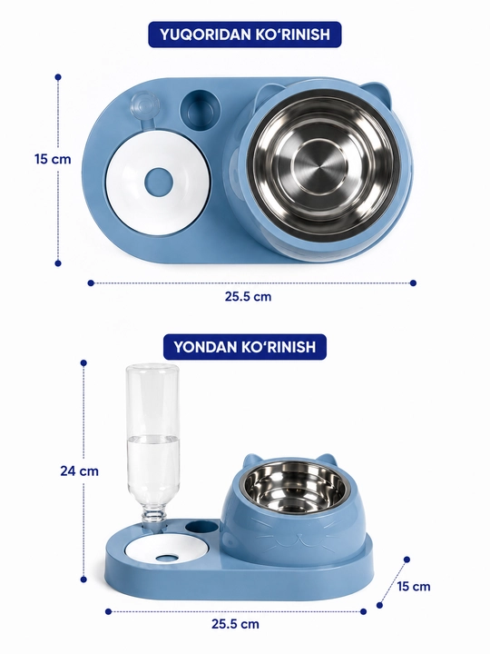 Mushuklar va itlar uchun avtomatik suv ta’minoti bilan jihozlangan 2 ta 1 da taomdon va suvdon, 300 ml