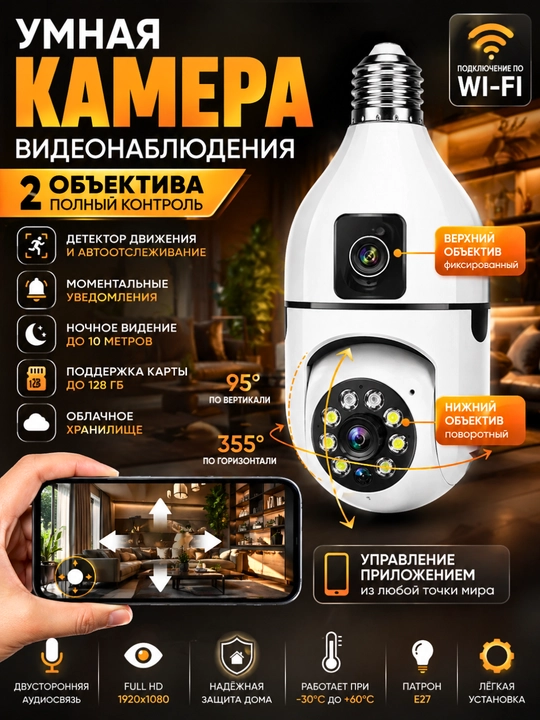 Wi-Fi камера-лампочка 1080P, видеонаблюдение, ночное видение, датчик движения, для дома - 