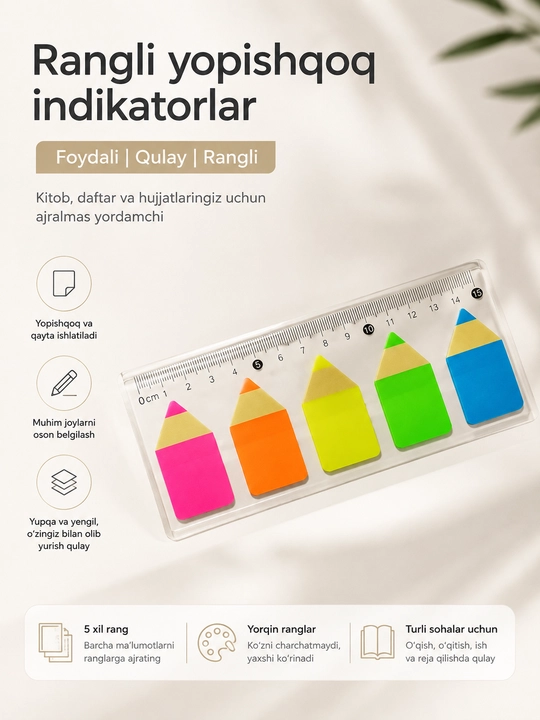 Rangli yopishqoq indikatorlar, 5 rangli, kitob va daftar uchun zakladka - 