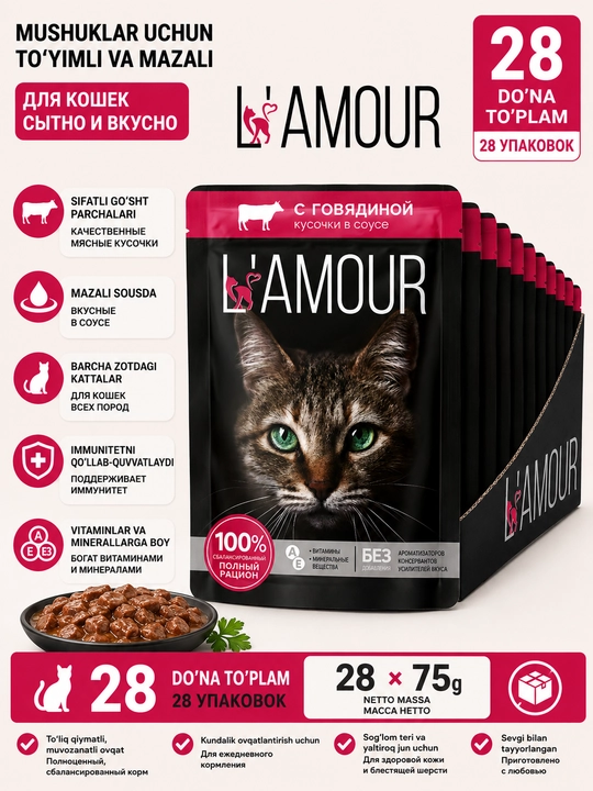 Lamour влажный корм для кошек, с говядиной в соусе, 75 гр 28 шт - 