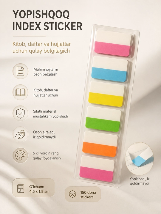 Yopishqoq indeks stikerlar, rangli sahifa belgilar, 6 rang, 150 dona - 