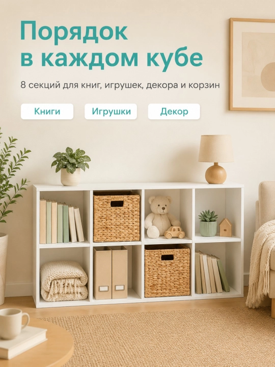 Органайзер на 8 ячеек, книжный стеллаж 11 дюйм, съемные панели, белый цвет
