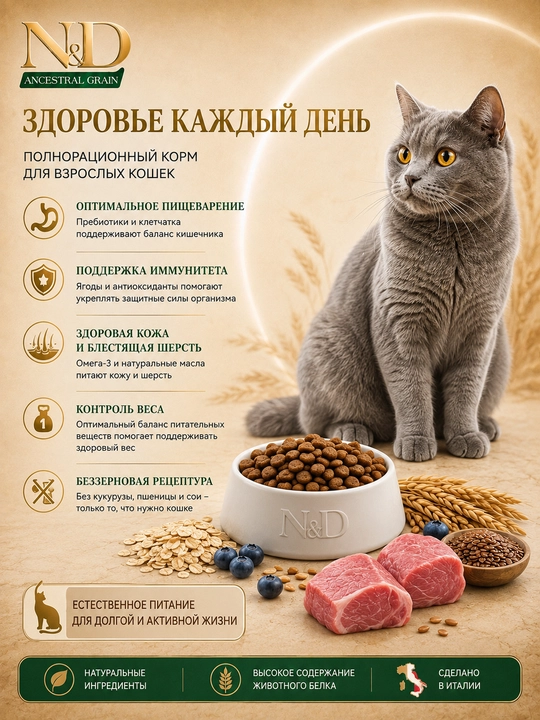Farmina N&D рast donli, quruq ozuqa, katta yoshli mushuklar uchun qo‘zi va polba, 5 kg