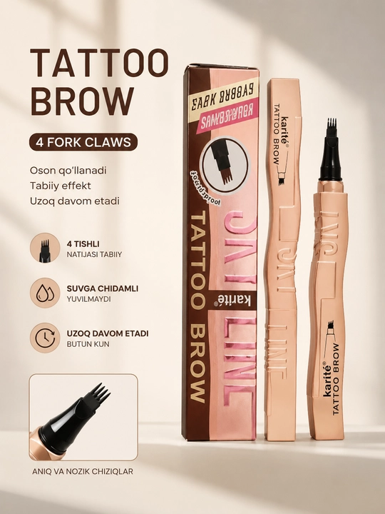 Qosh uchun Tattoo Brow qalam, 4 tishli, tabiiy effekt, suvga chidamli - 
