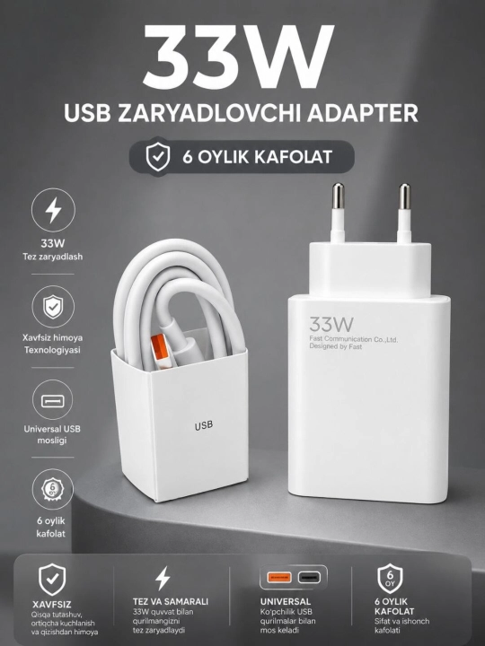 Зарядное устройство 33W USB-A с кабелем Type-C, быстрая зарядка для Android, 2A