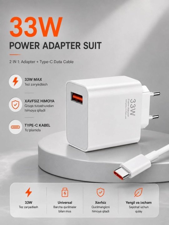 Зарядное устройство 33W USB-A с кабелем Type-C, быстрая зарядка для Android, 2A