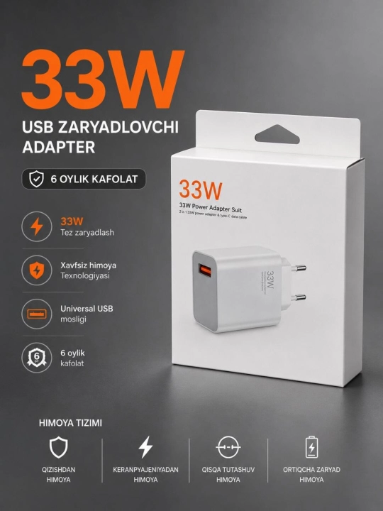 Зарядное устройство 33W USB-A с кабелем Type-C, быстрая зарядка для Android, 2A - 