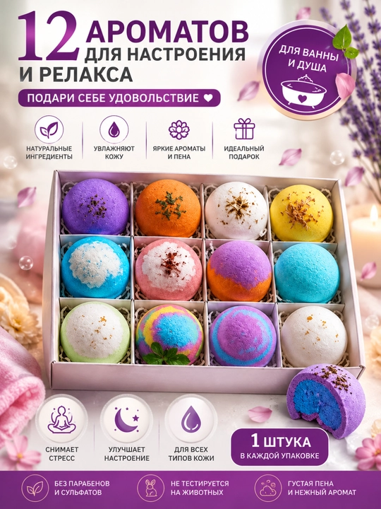 Ароматические бомбочки для ванны, 12 ароматов - 