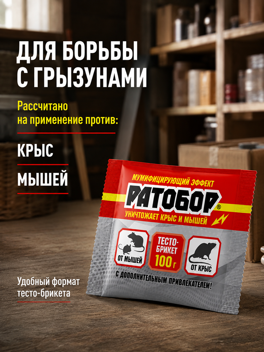 Ратобор 100 г, от крыс и мышей, тесто-брикет, средство против грызунов