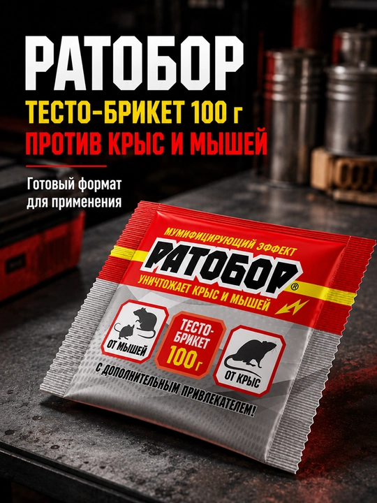 Ратобор 100 г, от крыс и мышей, тесто-брикет, средство против грызунов
