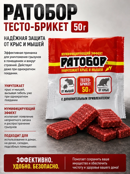 Ратобор тесто-брикет 50 г, приманка против крыс и мышей - 