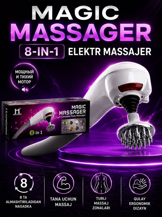 Magic Massager Elektr Massajeri, 8 ta Almashtiriladigan Nasadka - 