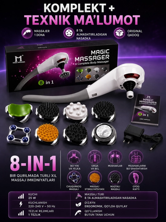 Magic Massager Elektr Massajeri, 8 ta Almashtiriladigan Nasadka
