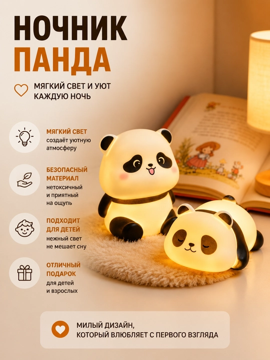 Ночник панда, светильник, подарок, декор для детской комнаты - 