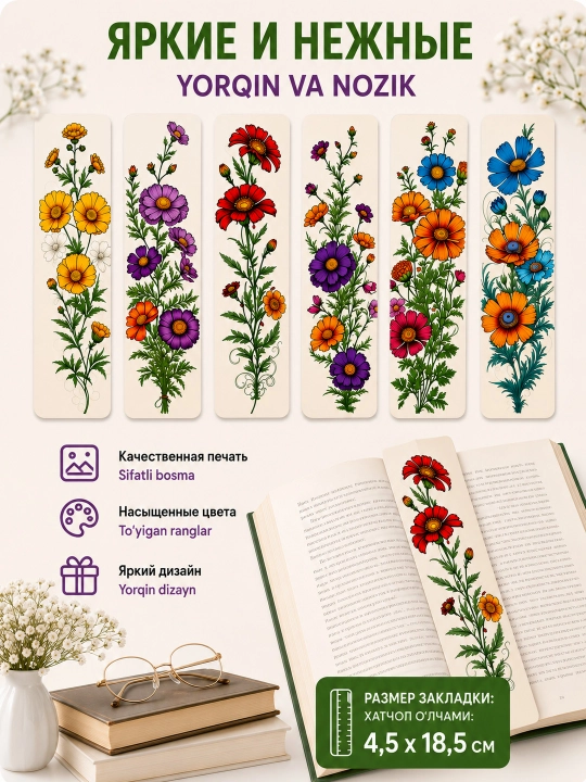 Закладки для книг ламинированные, набор 6 штук, 4,5 × 18,5 см