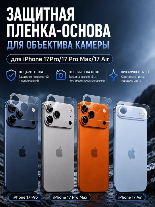 IPhone 17/18 Pro, 17/18 Pro Max / 17 Air kamera bloki uchun PET himoya plyonkasi (0,15 mm)