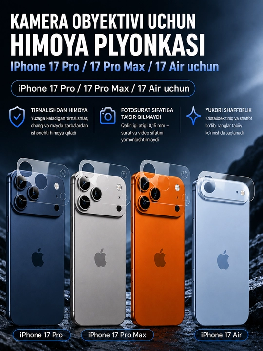 IPhone 17/18 Pro, 17/18 Pro Max / 17 Air kamera bloki uchun PET himoya plyonkasi (0,15 mm) - 