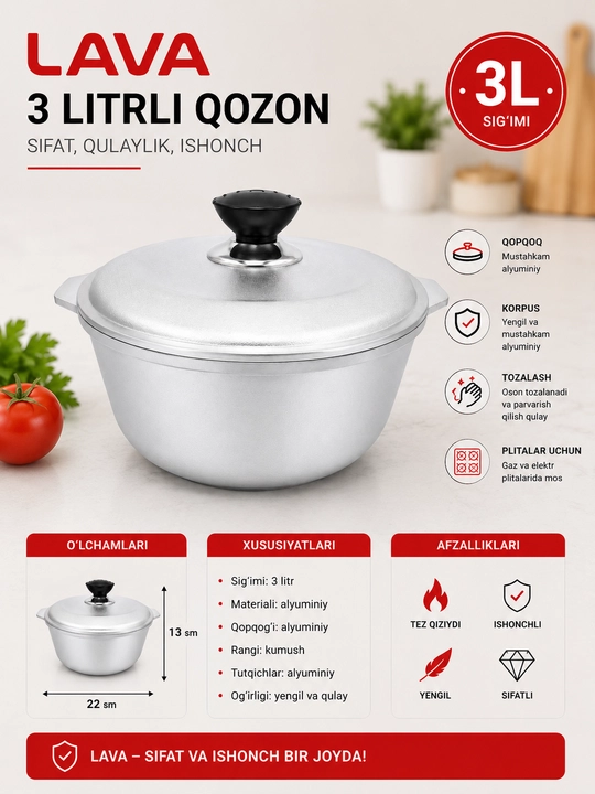 3 litr qozon, alyumin, shisha qopqoq, granit qoplama - 