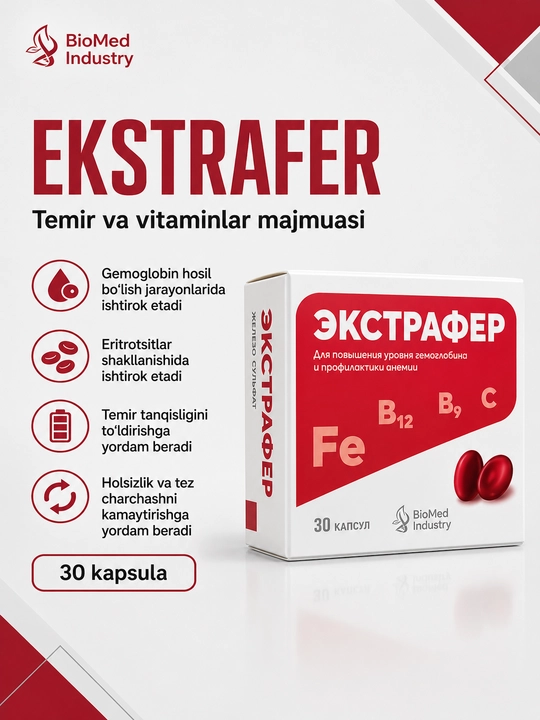 EKSTRAFER — gemoglobin darajasini oshirish va kamqonlikning oldini olish uchun 30 kapsula - 