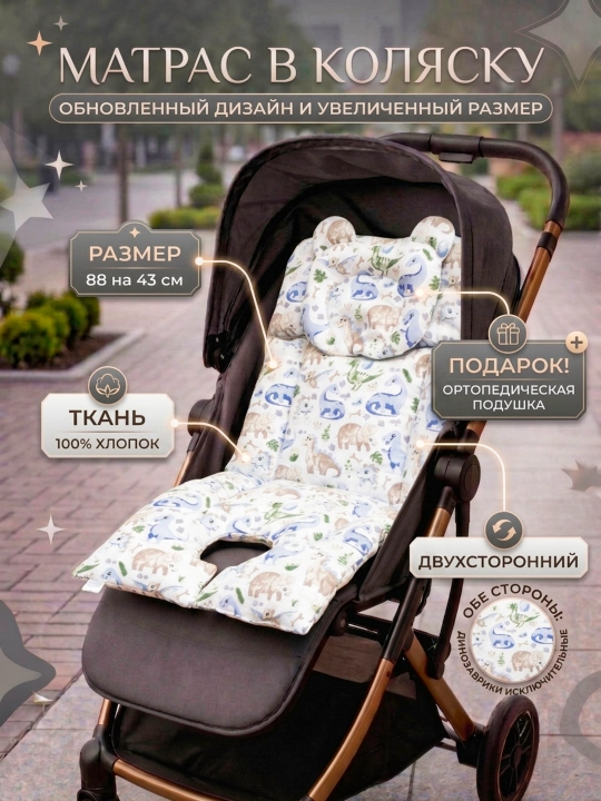 Матрас для коляски детский, вкладыш в автокресло, на стульчик, Мир ЖоЖо - 