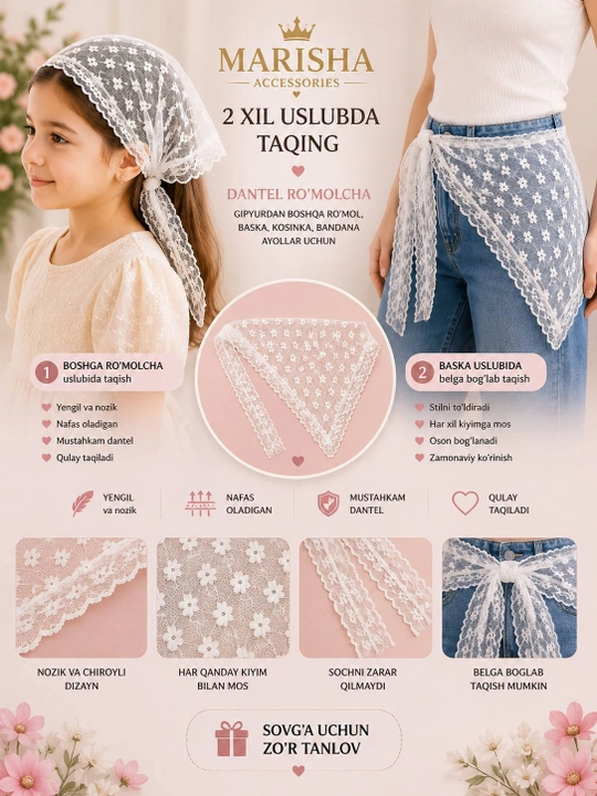 Qizlar uchun to‘rli romolcha, gipyur kosinka-bandana, bosh va bel uchun aksessuar  - 