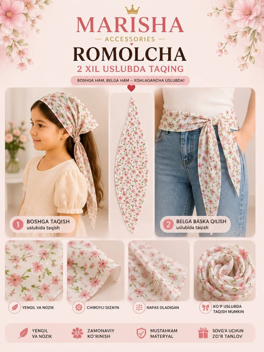 Qizlar uchun to‘rli romolcha, gipyur kosinka-bandana, bosh va bel uchun aksessuar  - 