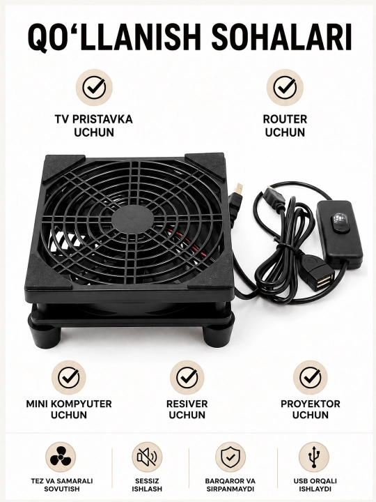 Kalitli USB ventilyator, TV pristavka, mini kompyuter va router uchun, 120×120 mm