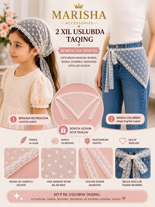 Qizlar uchun to‘rli romolcha, gipyur kosinka-bandana, bosh va bel uchun aksessuar  - 