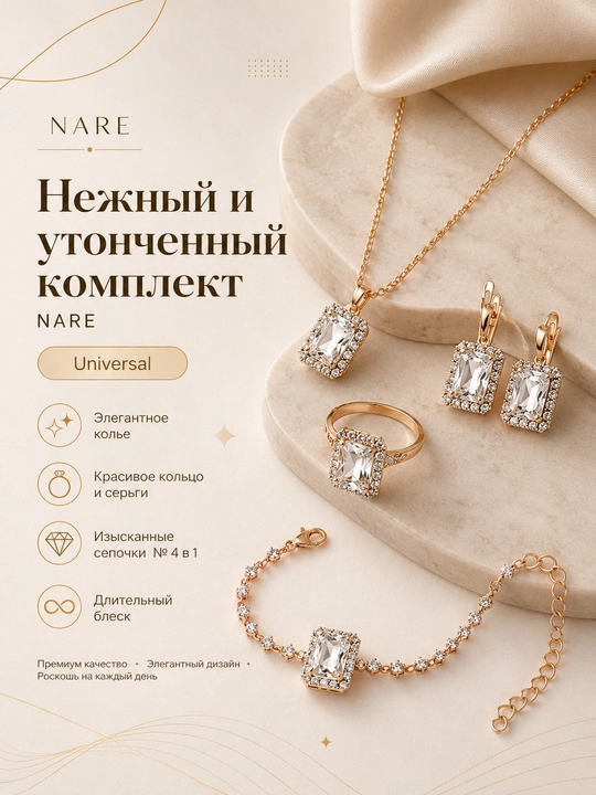 Набор украшений цепочка, серьги, кольцо и браслет - 