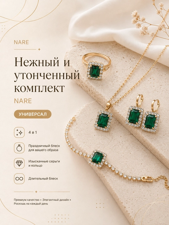 Набор украшений цепочка, серьги, кольцо и браслет - 
