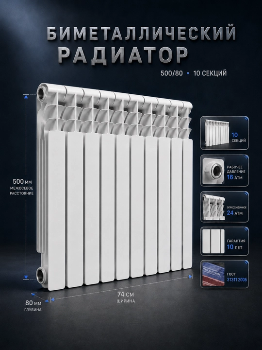 Bimetall radiator 10 seksiya, 500/80, isitish radiatori batareya, 20 bar, 10 yil kafolat - 