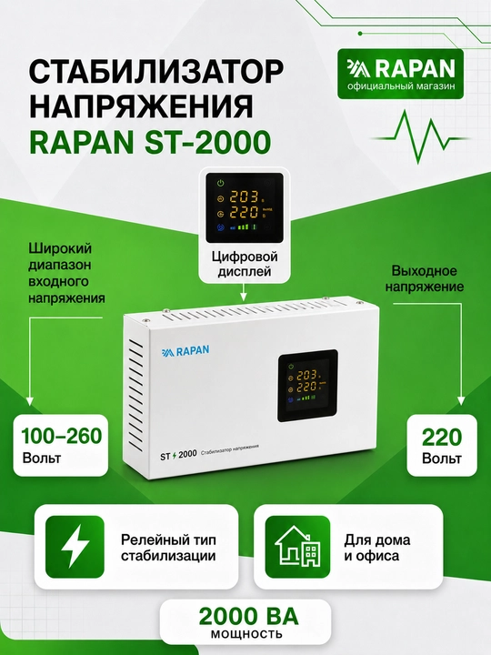 RAPAN ST-2000 kuchlanish stabilizatori, 2000 VA, kirish 100-260 V