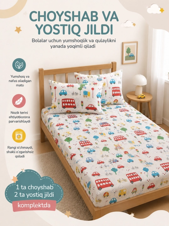 Bolalar choyshabi : Rezinkali choyshab va 2 ta yostiq jildi, 100% paxta - 