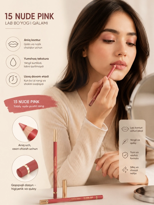 Карандаш для губ 15 Nude Pink, контурный, розовый цвет