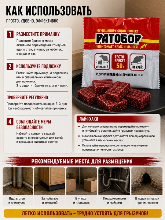 Ратобор тесто-брикет 50 г, приманка против крыс и мышей