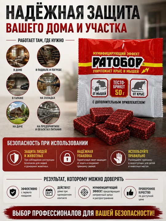 Ратобор тесто-брикет 50 г, приманка против крыс и мышей